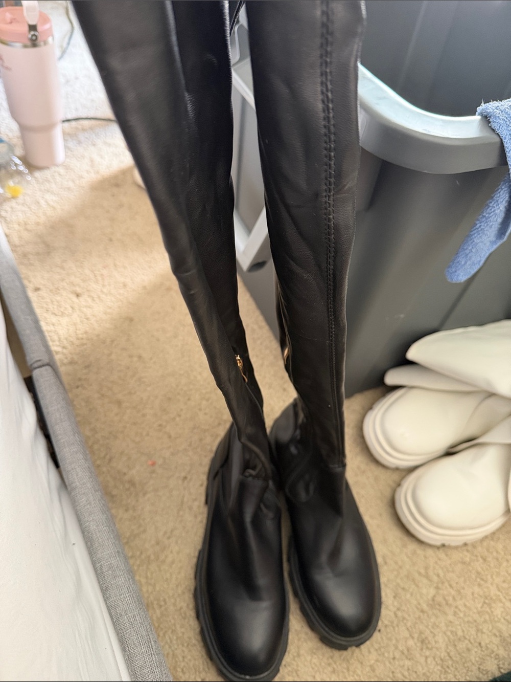 AKIRA Black Over-the-Knee Leather Boots with Side Zip